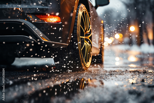 a car wheel close-up on the background of a winter snow-covered road with ice in city street, the concept of traffic safety on a slippery road © soleg