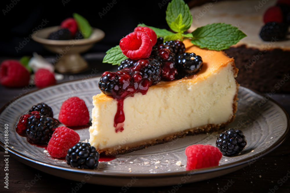 Slice of German curd Cheesecake called 'Käsekuchen' with raspberry and blackberry fruits Slice of German curd Cheesecake called 'Käsekuchen' with raspberry and blackberry fruits