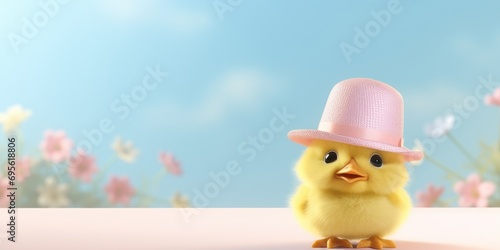 3D Render of Cute Chick with Easter Bonnet, Blank Space for Text photo