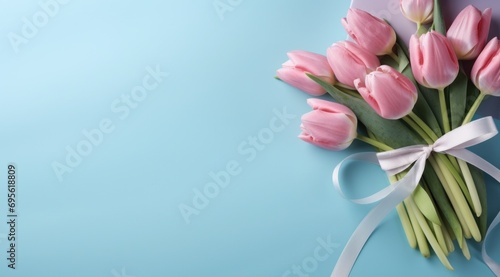 gift and pink tulips on blue background