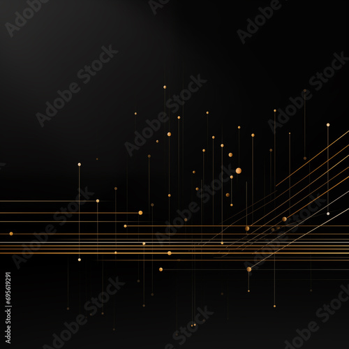 Black and Gold Abstract emphasizes the abstract nature of the golden straight lines and dots on a black background, representing computer graphics and a color field.