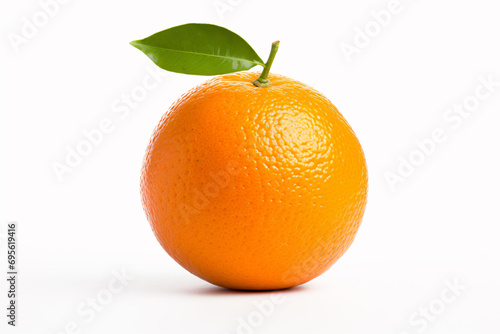 Single Clementine fruit with leaf on white background