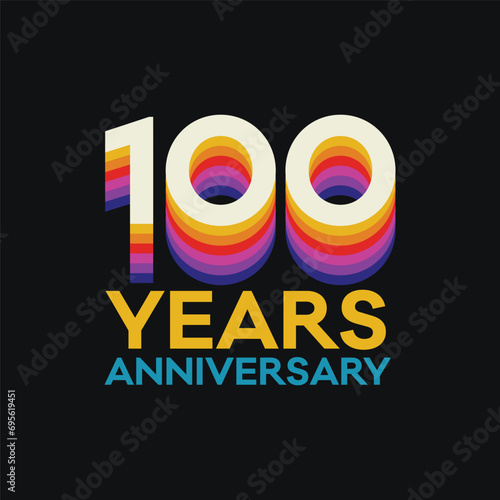 Number 100 retro style multi color logo design to celebrate 100 years anniversary. 100 years logo template for business company birthday celebration. One hundred number sign. 100th year jubilee.