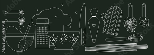 Set of bakery and kitchen utensils on chalkboard background. Spoons, Grater, Sieve, Knife, Pastry bag, Pin. Vector illustration. Kitchenware collection, tools. Equipment and cutlery for cooking chalk.