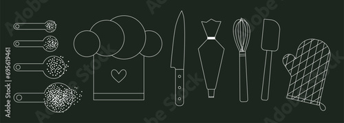 Set of bakery and kitchen utensils on chalkboard background. Measuring spoons, Chef hat, Knife, Pastry bag. Vector illustration. Kitchenware collection, tools. Equipment and cutlery for cooking chalk.