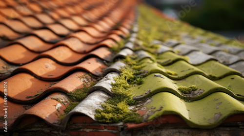 Close-up of overlapping roof tiles with varying degrees of aging