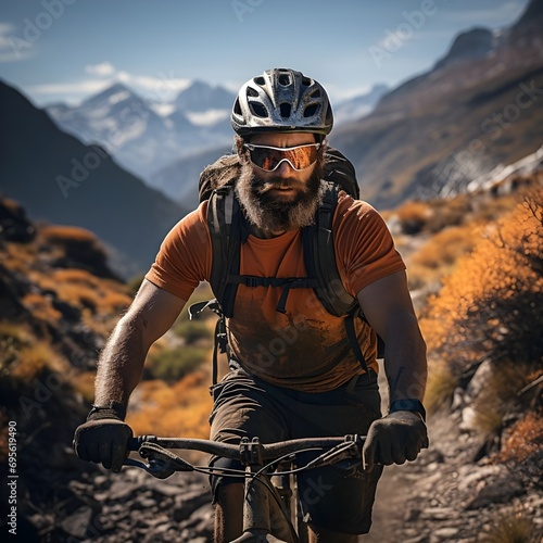 Hombre  ciclista, feliz, con barba y en forma en primer plano. Render fotorealista elaborado con tecnología IA