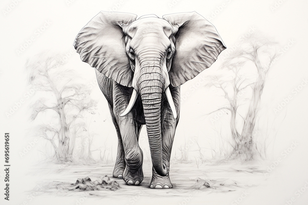 Hand Drawn Pencil Sketch of a Elephant, Hand Drawn Elephant in the Wild