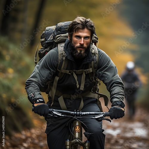 Hombre ciclista, feliz, con barba y en forma en primer plano. Render fotorealista elaborado con tecnología IA