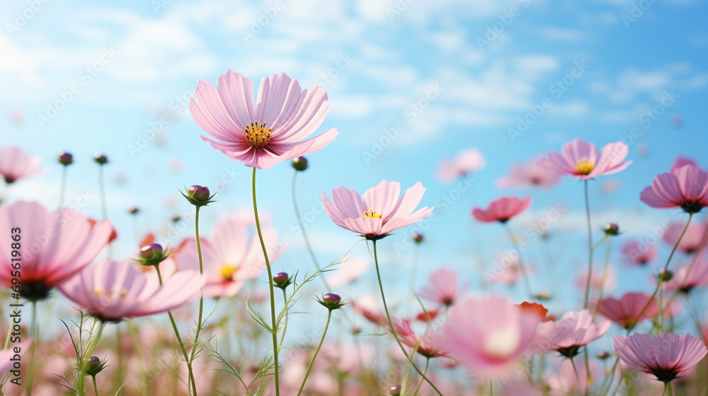 Field of pink flowers is in bloom under a clear blue sky