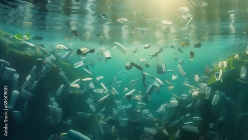 Trash and plastic bottles sinking underwater sea pollution animation photo