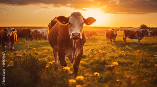 Close-up of cows in the soft, golden light of sunset, focusing on their gentle expressions and the pastoral landscape photo