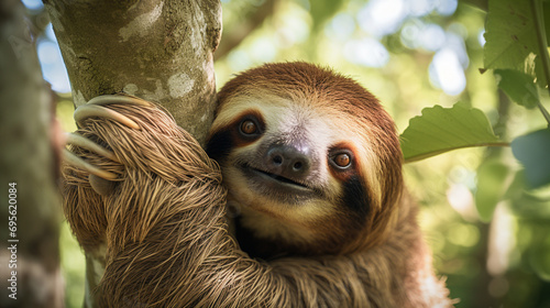 brown-throated three-toed sloth, Bradypus variegatus, hanging on a tree, capturing its amusing expression photo