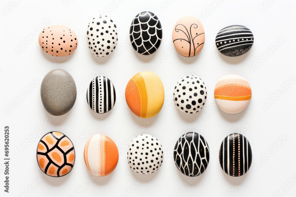 A collection of patterned stones with geometric and organic patterns, pastel peach and orange accents on white.