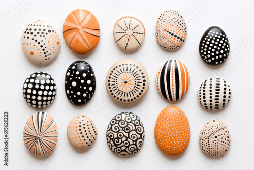 Decorative painted pebbles with intricate black and orange patterns, arranged on white surface