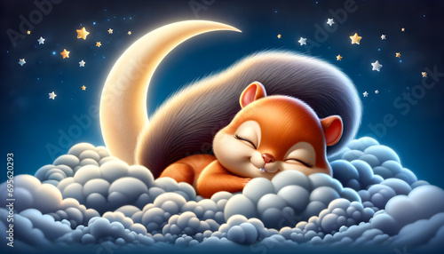 Little Squirrel Asleep On A Cozy Cloud

