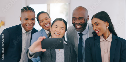 Smile, selfie and happy business people in the office for team building or bonding together. Collaboration, diversity and group of professional work friends taking a picture at modern workplace.