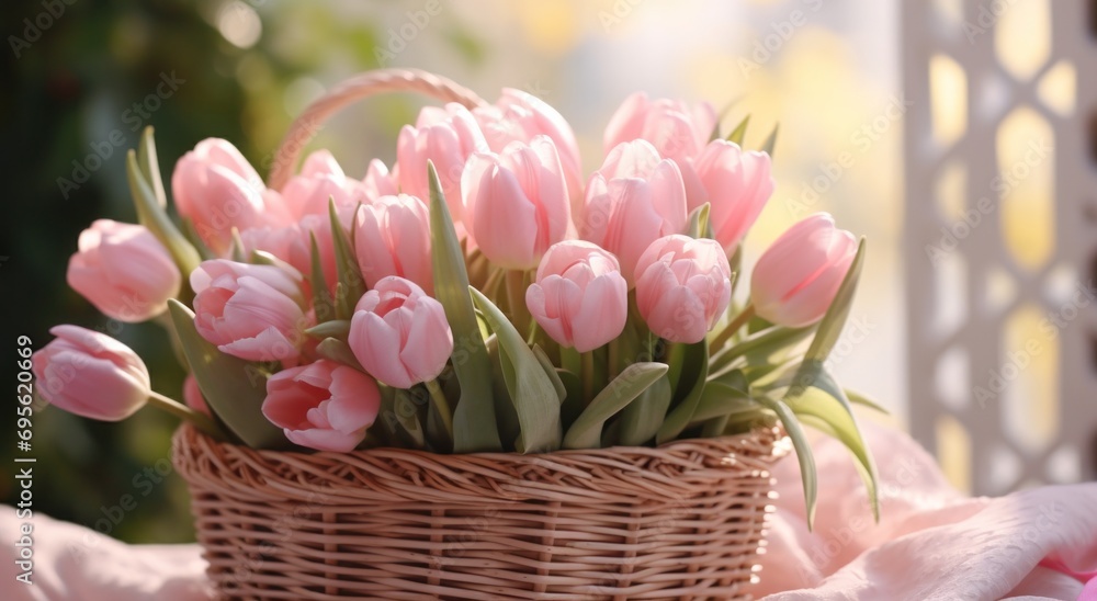 simple spring time bouquet of tulips with background in a wicker basket