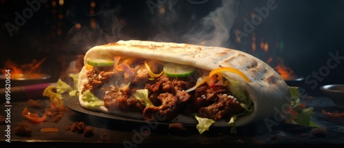 hot spicy vegetarian shawarma sandwich with smoke
