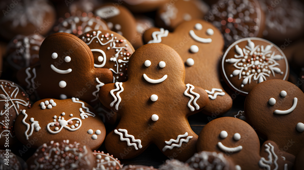 Christmas food bakery bake - Closeup of many gingerbread men cookies, top view pattern Christmas food bakery bake - Closeup of many gingerbread men cookies, top view pattern