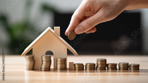 Hand is placing a coin on a stack next to a wooden model house