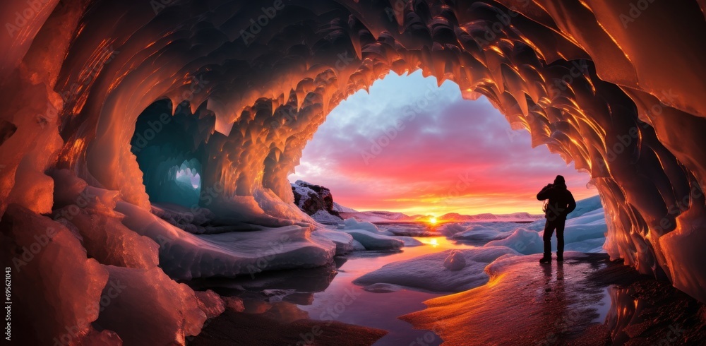 photographer taking picture in an ice cave near sunset - obrazy, fototapety, plakaty 