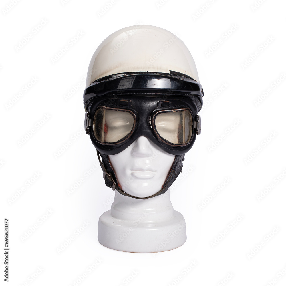 Vintage motorcycle helmet with mannequin