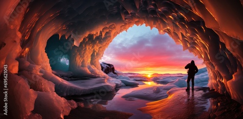 photographer taking picture in an ice cave near sunset photo