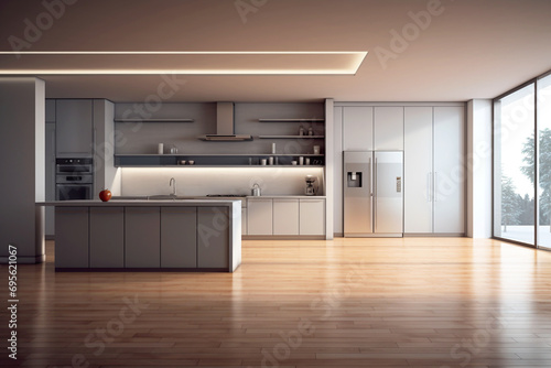 Silver kitchen. Natural wooden floor. Modern kitchen interior. Design of kitchen. Pastel wall. Modern kitchen furniture. AI generation