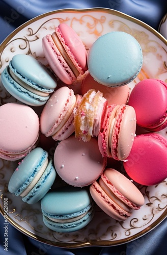 nine small pink and blue macaroons sit on a plate in front of an empty plate photo
