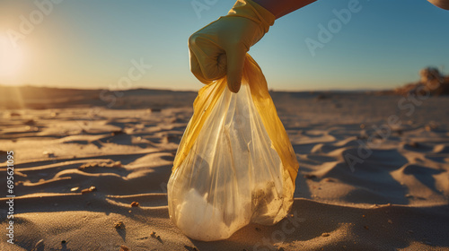 Person wearing gloves holding a bag filled with collected trash, participating in a beach cleanup