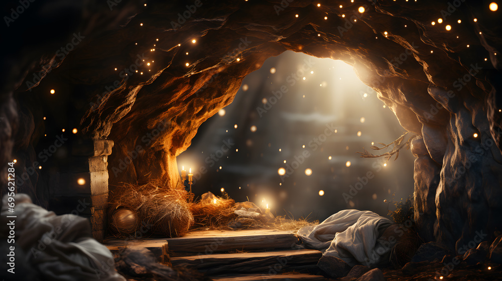 Christian Christmas scene with star of Bethlehem in cave. Birth of ...