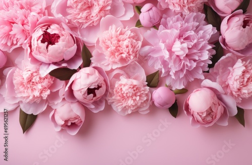 pink peonies, flowers arranged on pink background with top view