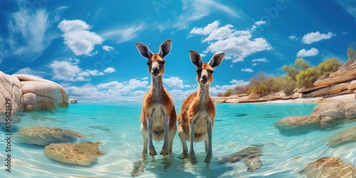 Funny and cute kangaroos in the water close-up, A photo for a postcard or poster. Generative AI photo