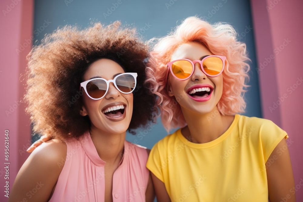 cute women wearing sun glasses posing in yellow