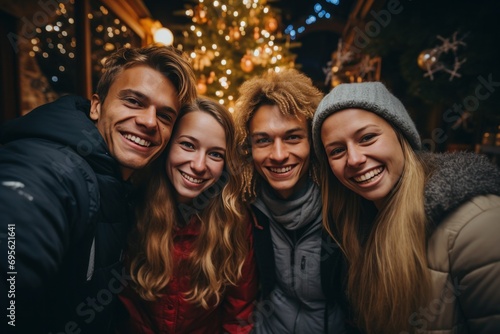 four people are standing over a christmas tree