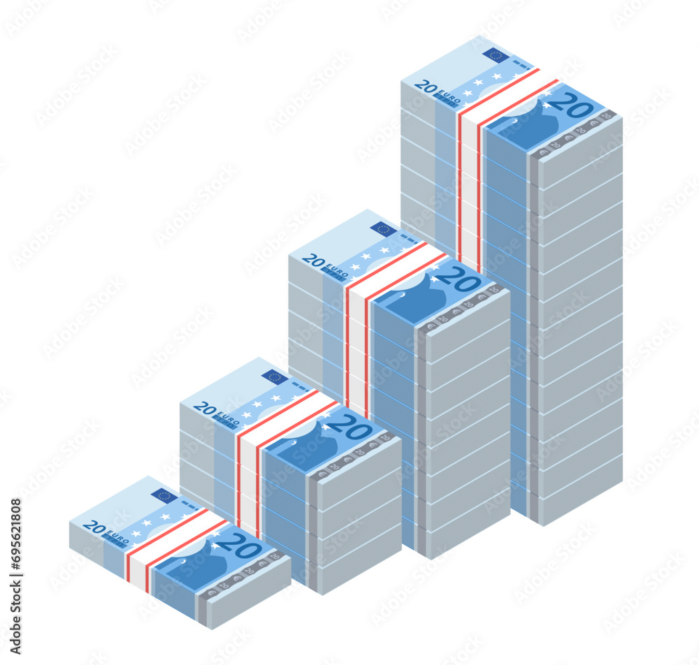 Isometric stacks of 20 Euro banknotes rising up graph. Big pile of money. Cash flow stairs. Notes are growing. Business concept. Vector illustration Isometric stacks of 20 Euro banknotes rising up graph. Big pile of money. Cash flow stairs. Notes are growing. Business concept. Vector illustration