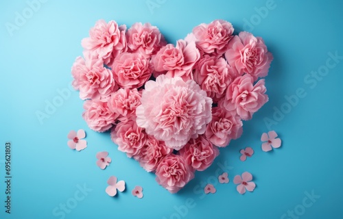 pink carnations with heart shape on the blue background