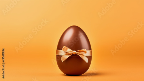 illustration with a chocolate egg and a golden ribbon against orange background with copy space