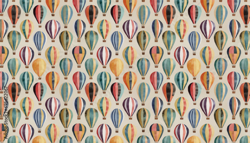 retro pop hand drawn watercolor seamless pattern, vector graphic resources, 16:9 widescreen wallpaper / backdrop, hot air balloon motif