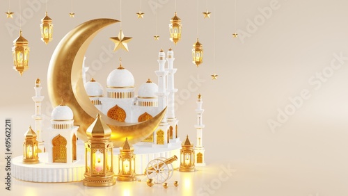 3d Ramadan Kareem with golden moon star  and lantern, mosque door islamic pattern, arabic coffee pot, date palm fruit, podium as luxury islamic background. decoration for ramadan kareem, eid mubarak.