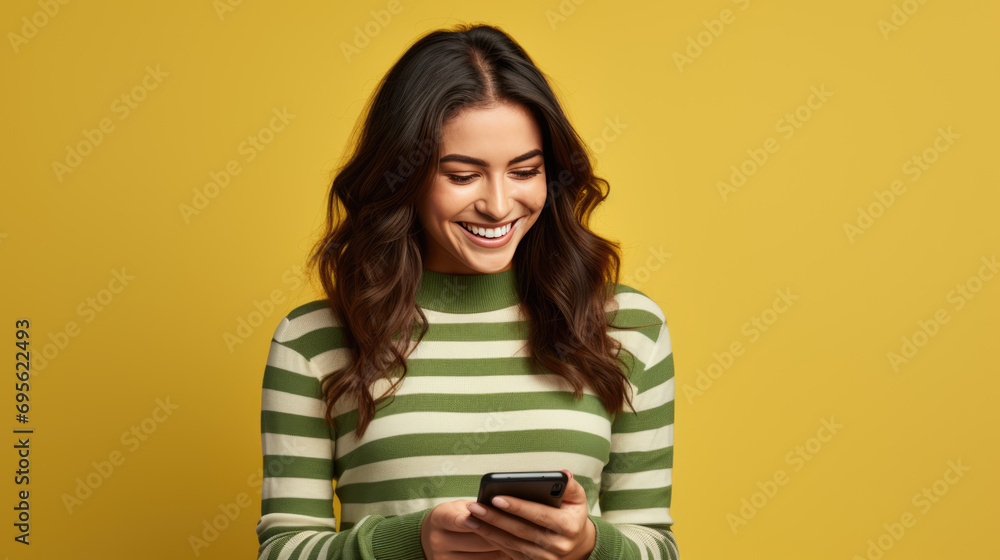 Woman is using a smartphone, wearing a striped sweater against colored background Woman is using a smartphone, wearing a striped sweater against colored background