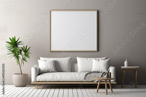 Minimalist living room with an ash grey wall, a simple empty mockup frame, and clean, uncluttered design 8k,