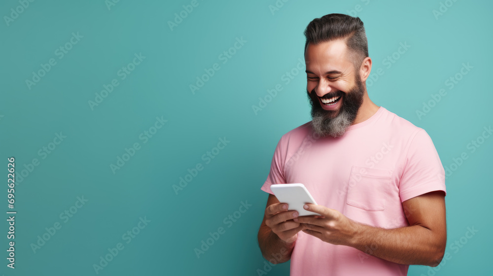 Man smiling and holding her smartphone on a blue background Man smiling and holding her smartphone on a blue background