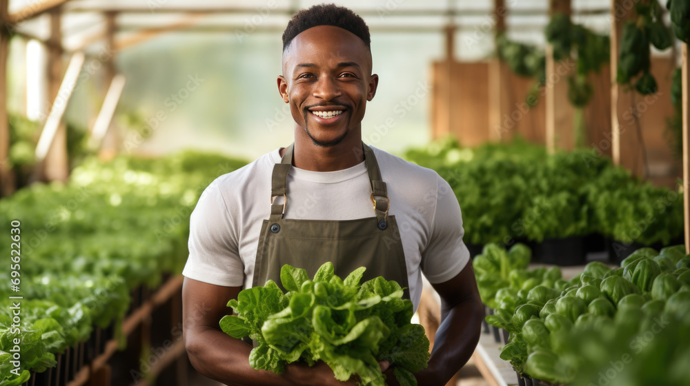 Man farmer in an apron holding fresh lettuce in a greenhouse Man farmer in an apron holding fresh lettuce in a greenhouse