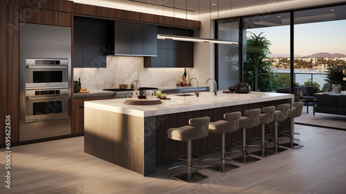 A modern kitchen equipped with top-of-the-line appliances, sleek cabinetry, and a spacious island for culinary indulgence. © Creative artist1