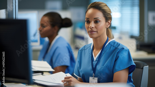 Healthcare worker in blue scrubs writing on a medical chart, indicating a busy hospital or clinic setting. photo