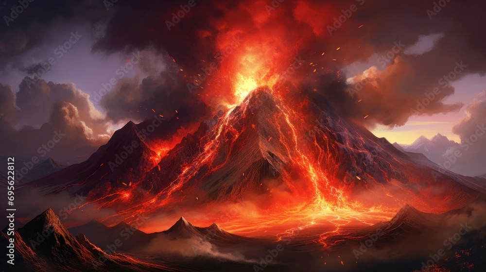 Vivid depiction of volcano erupting, with bright red lava flowing down mountain and dark ash clouds gathering in the sky. Ideal for educational materials, disaster awareness content, and digital art.
