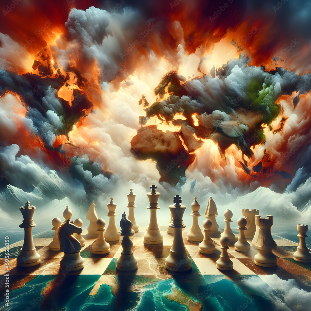 Chess figures on world map on fire. Concept of geopolitics.