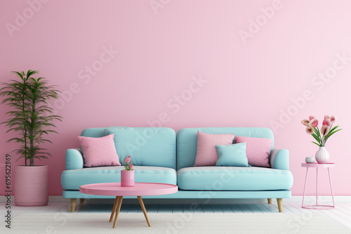 Playful living room with a candy pink wall, a fun blank mockup frame, and whimsical, cheerful decorations. 8k,